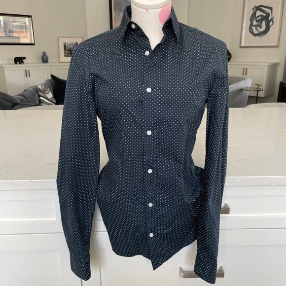 H&M Slim Fit Button Down Lg Slv Polka Dot Shirt Navy Sz XS NWOT see imperfection - Picture 9 of 9